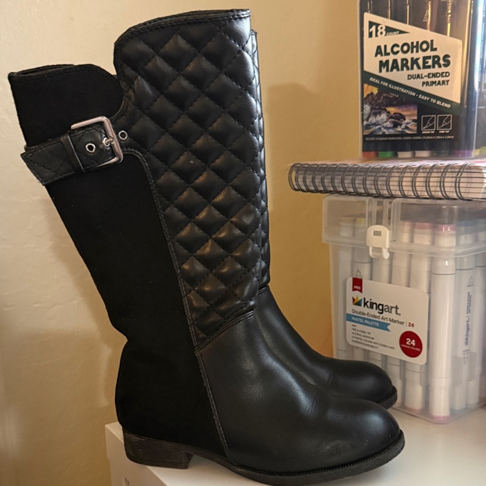 Quilted Black Kids Boots with Buckle